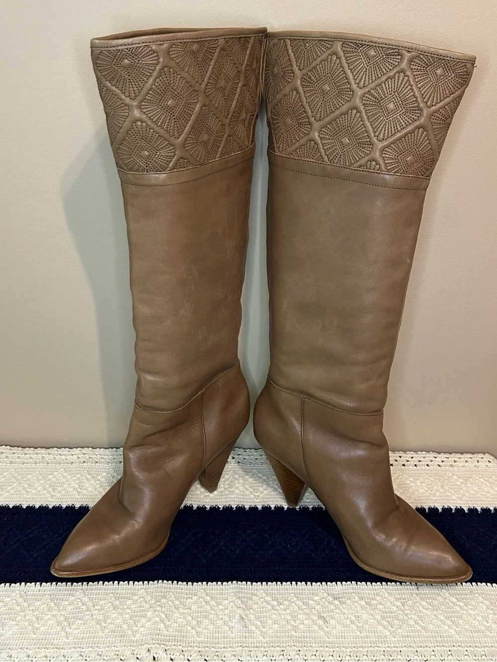 b. makowsky Taupe Over-the-Knee Leather Boots with Embroidered Cuff